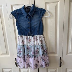 Zunie Collared Button Down Denim Tiered Floral Print Chiffon Dress Girls Size 8